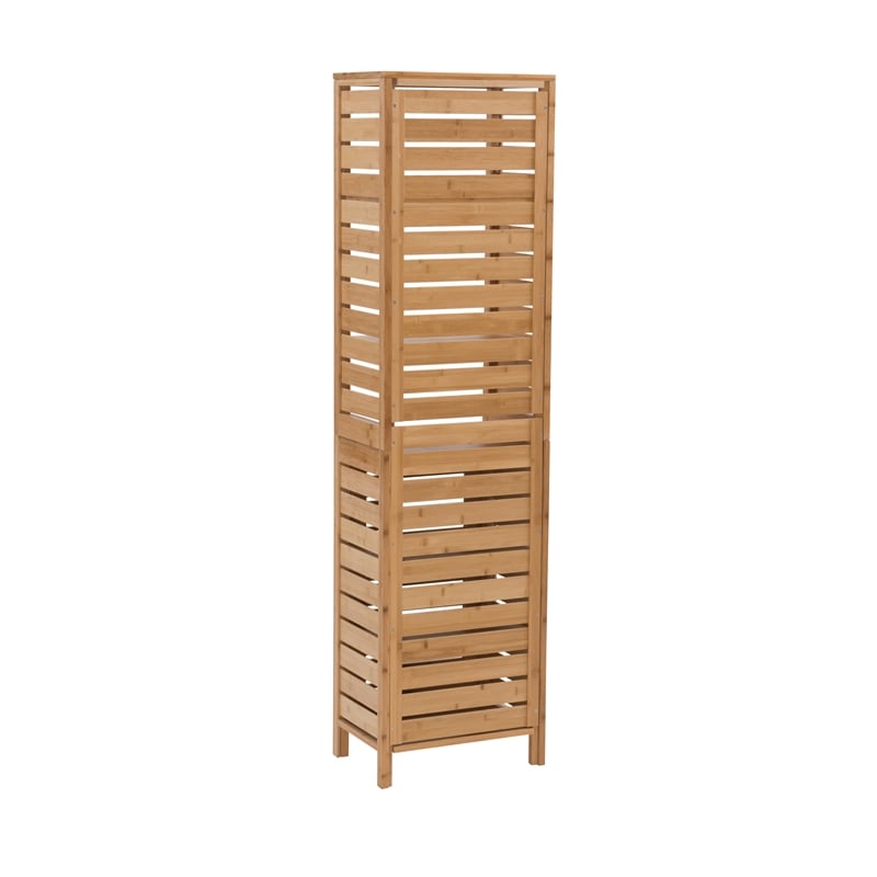 Linon Bracken Sturdy Solid Bamboo Six Shelf Tower with Door in Natural Brown