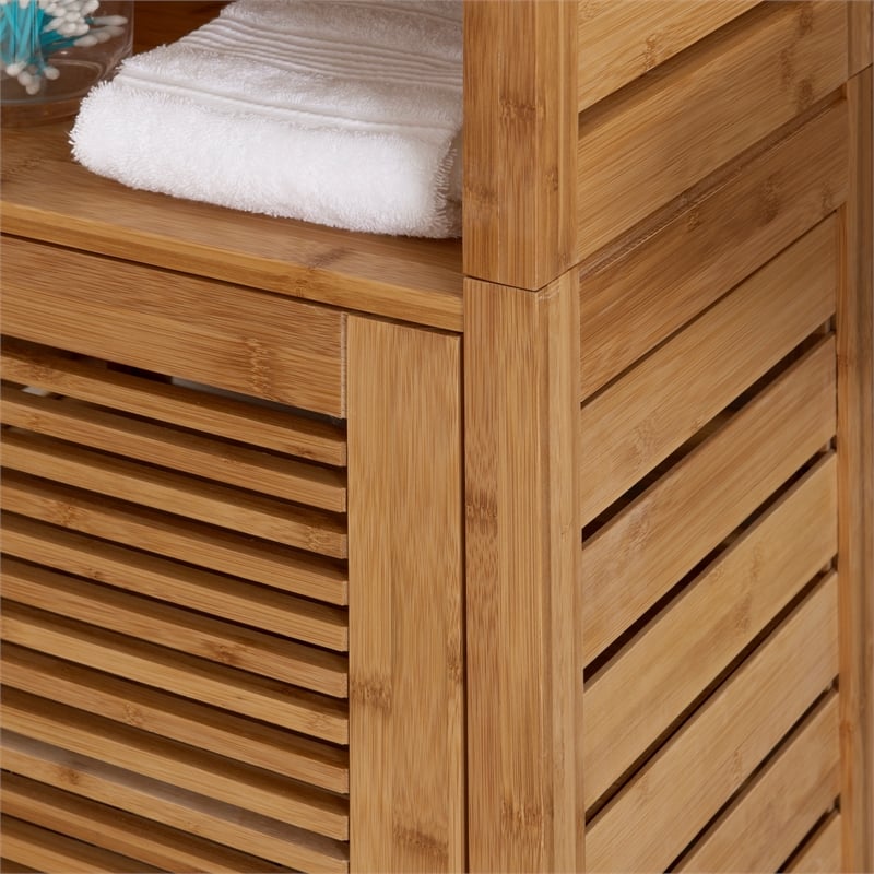 Linon Bracken Sturdy Solid Bamboo Six Shelf Tower with Door in Natural Brown