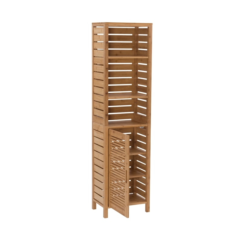 Linon Bracken Sturdy Solid Bamboo Six Shelf Tower with Door in Natural Brown