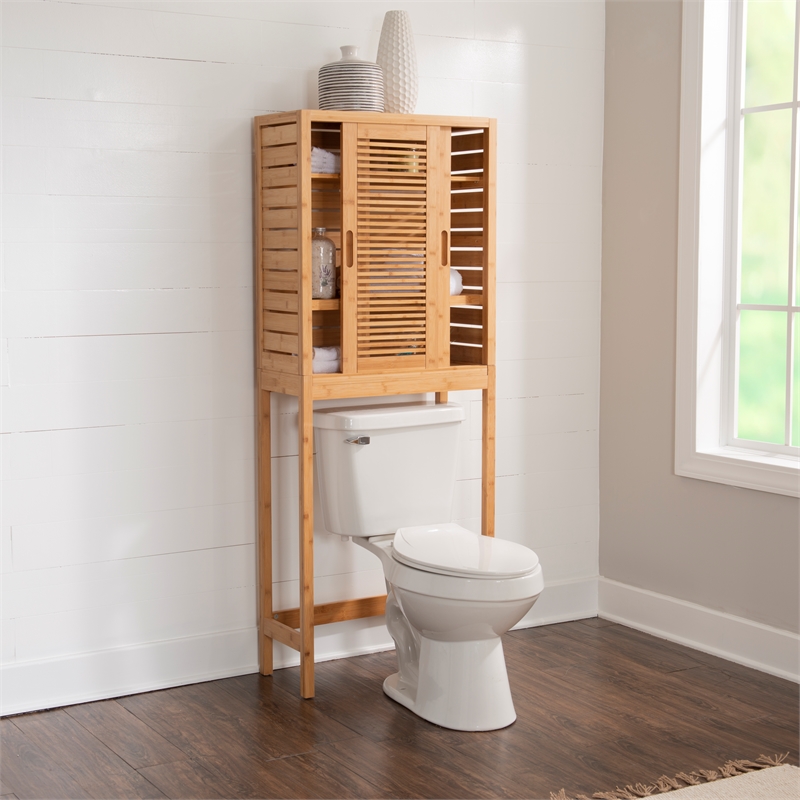 Linon Bracken Sturdy Solid Bamboo Spacesaver with Sliding Doors in Natural Brown