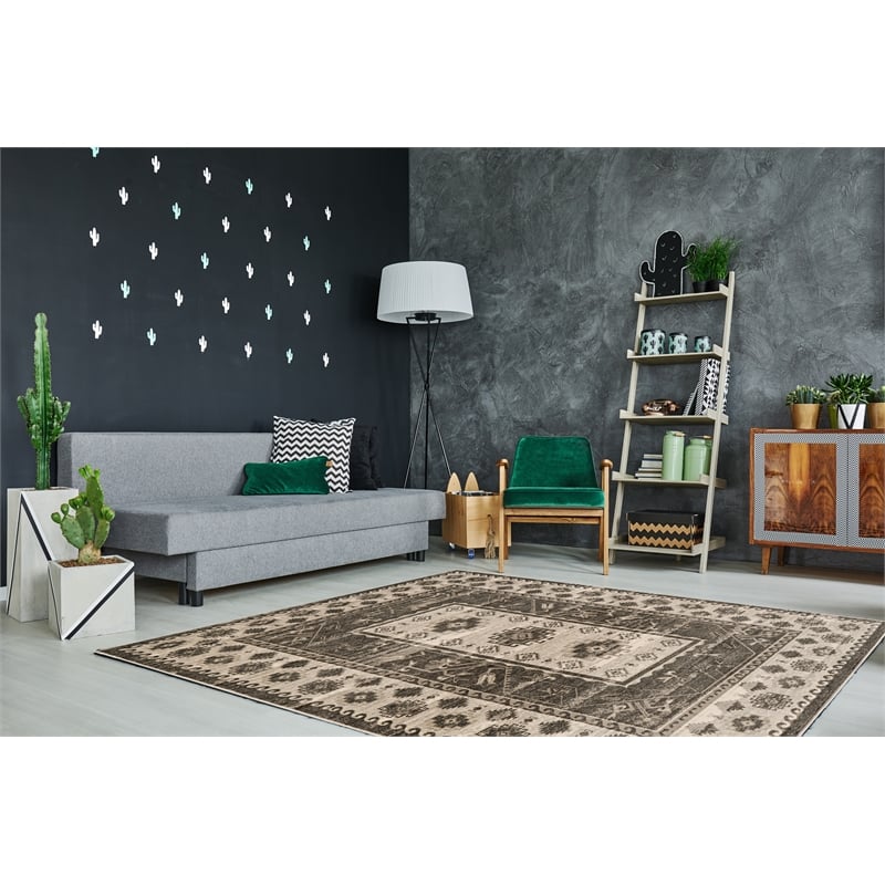 Linon Vintage Buharra Power Loomed Microfiber Polyester 8'x10' Rug in Gray