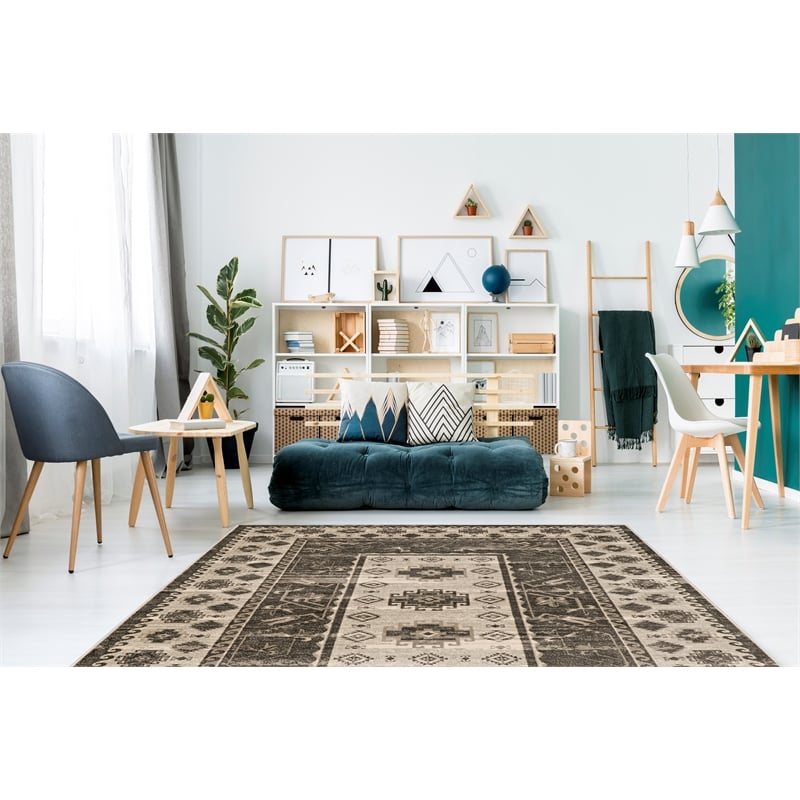 Linon Vintage Buharra Power Loomed Microfiber Polyester 9'x12' Rug in Gray