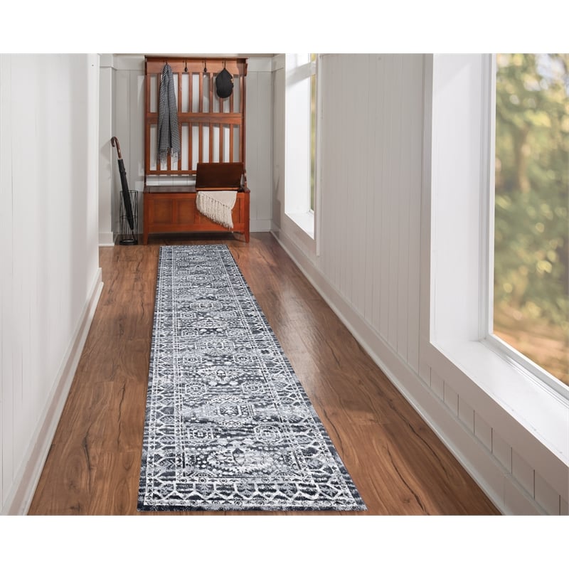 Linon Vintage Hamadan Power Loomed Microfiber Polyester 2'x10' Rug in Gray