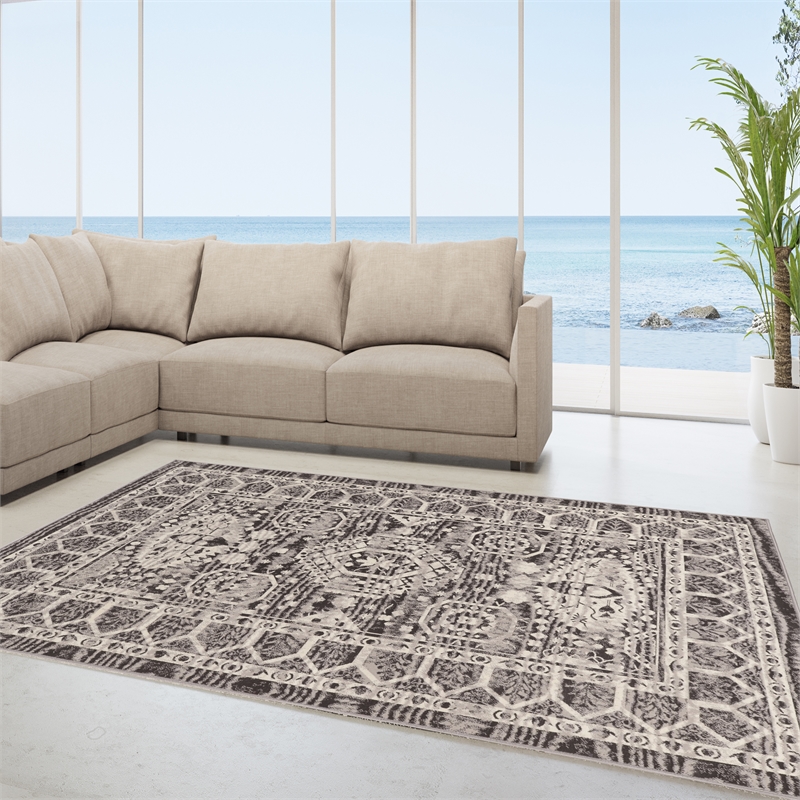 Linon Vintage Hamadan Power Loomed Microfiber Polyester 9'x12' Rug in Gray