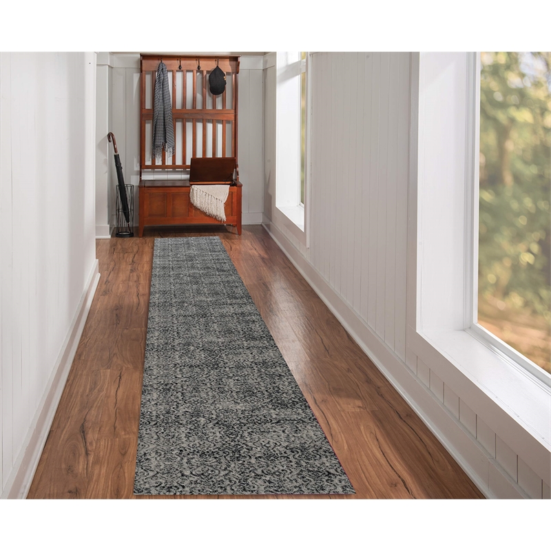 Linon Vintage Luster Power Loomed Microfiber Polyester 2'x10' Rug in Gray