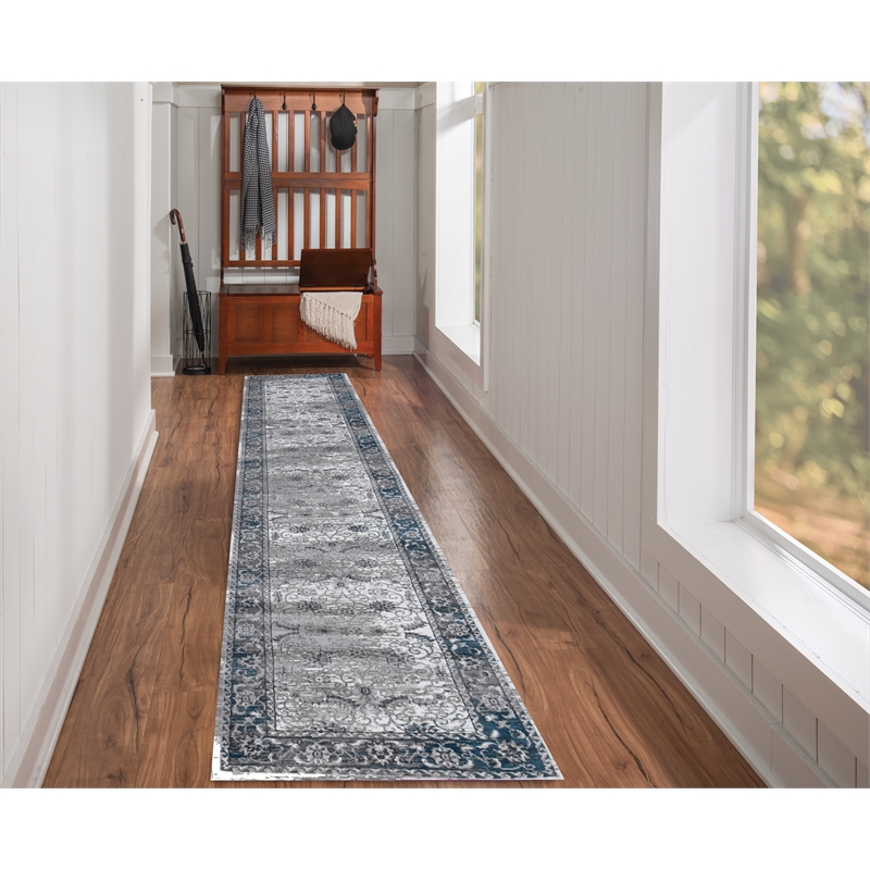 Linon Vintage Isfahan Power Loomed Microfiber Polyester 2'x10' Rug in Gray