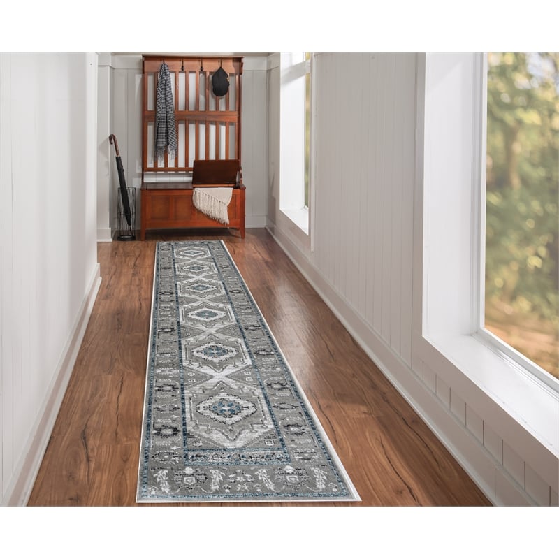 Linon Vintage Serape Power Loomed Microfiber Polyester 2'x10' Rug in Gray