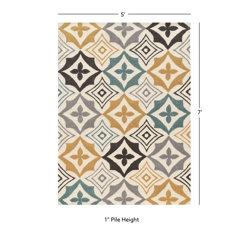 Linon Trio Emblem Hand Tufted Polyester 5'x7' Area Rug in Ivory