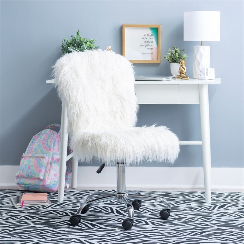Linon Cami Faux Fur Upholstered Armless Office Task Chair in White