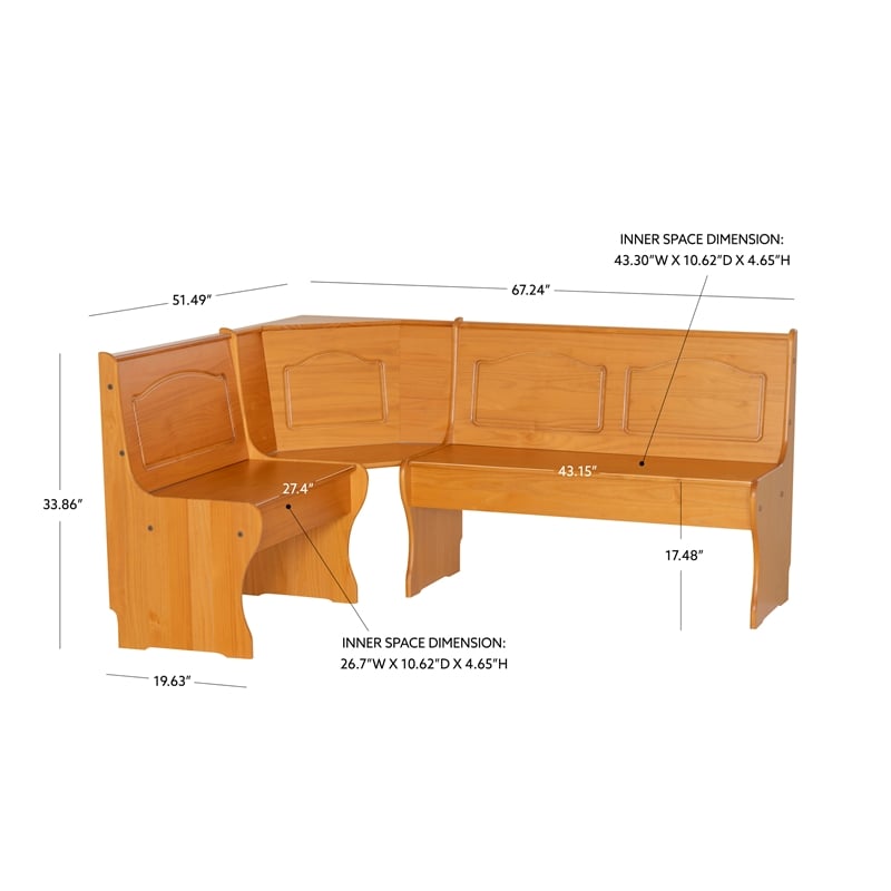 Linon Chelsea Dining Nook Corner Unit with Storage in Honey Stained Pine Wood