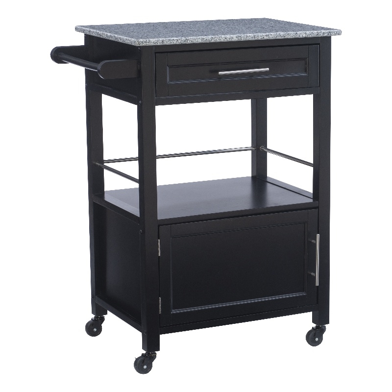 Linon Mitchell Wood Granite Top Rolling Kitchen Cart Ample Storage in Black