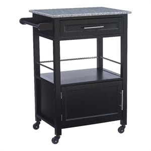 Linon Mitchell Wood Granite Top Rolling Kitchen Cart Ample Storage in Black