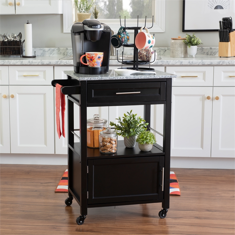 Linon Mitchell Wood Granite Top Rolling Kitchen Cart Ample Storage in Black