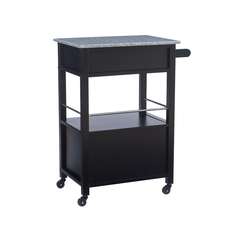 Linon Mitchell Wood Granite Top Rolling Kitchen Cart Ample Storage in Black