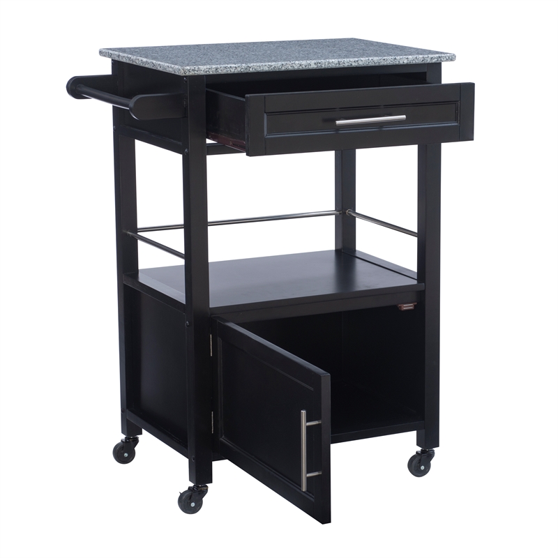 Linon Mitchell Wood Granite Top Rolling Kitchen Cart Ample Storage in Black