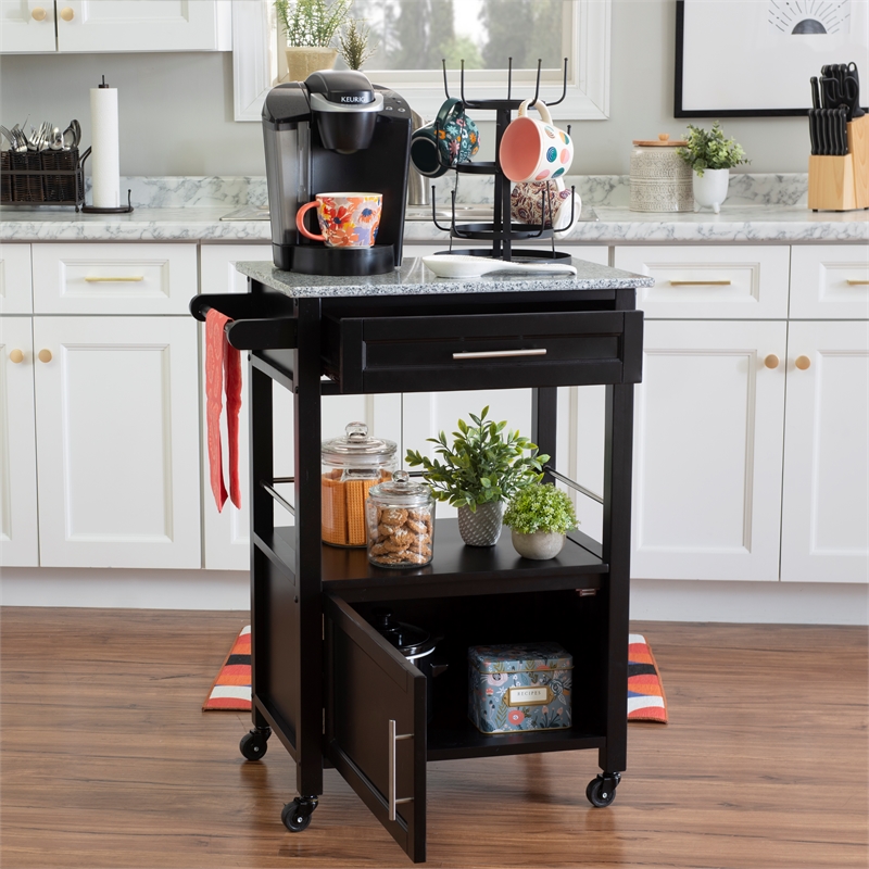Linon Mitchell Wood Granite Top Rolling Kitchen Cart Ample Storage in Black