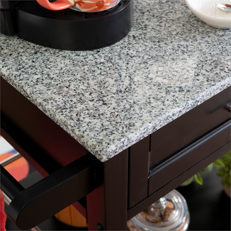 Linon Mitchell Wood Granite Top Rolling Kitchen Cart Ample Storage in Black