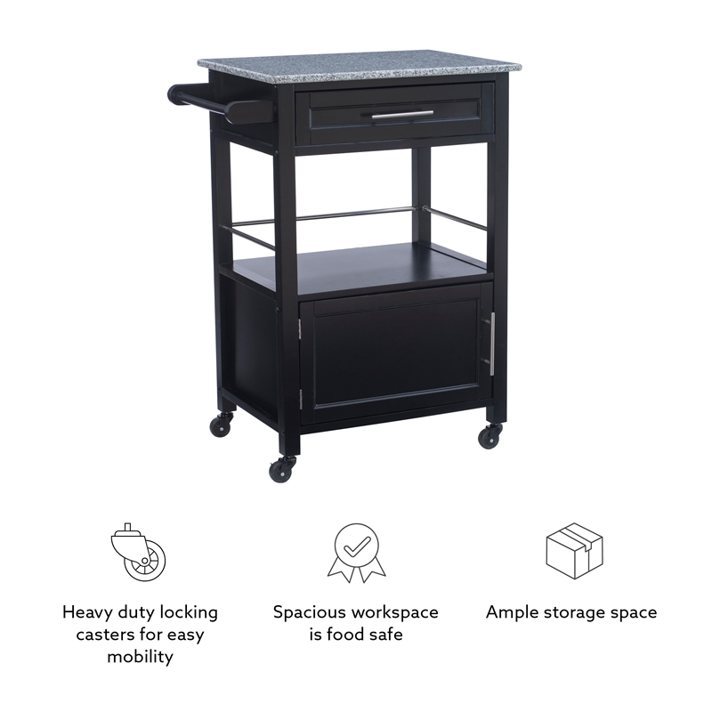Linon Mitchell Wood Granite Top Rolling Kitchen Cart Ample Storage in Black