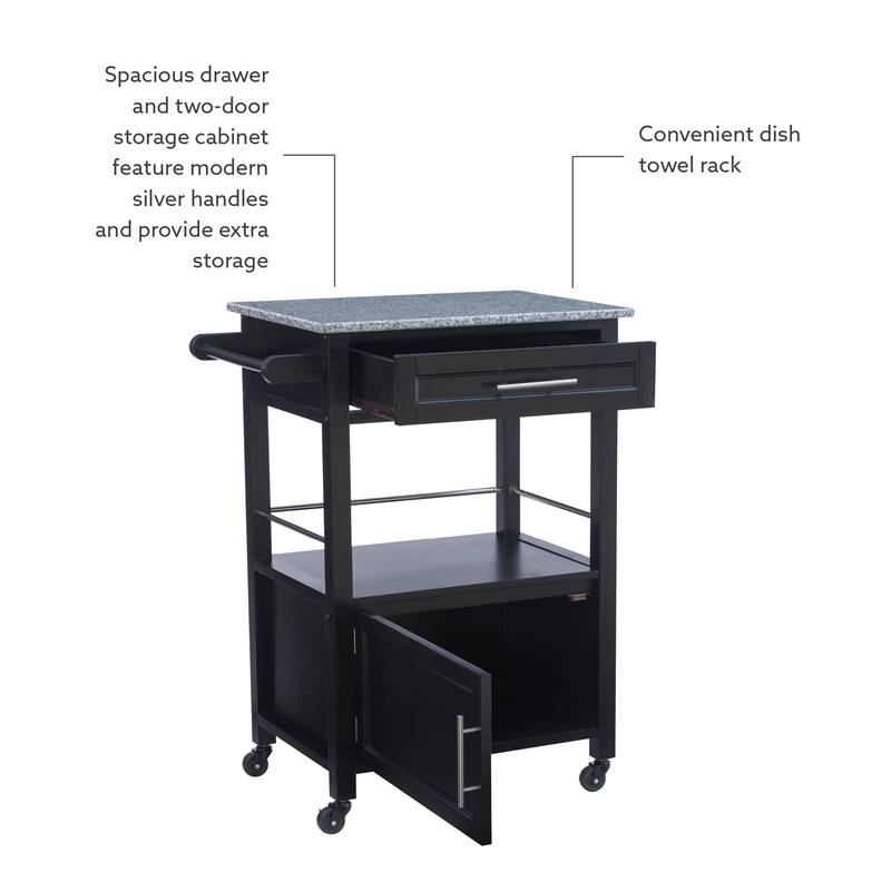 Linon Mitchell Wood Granite Top Rolling Kitchen Cart Ample Storage in Black