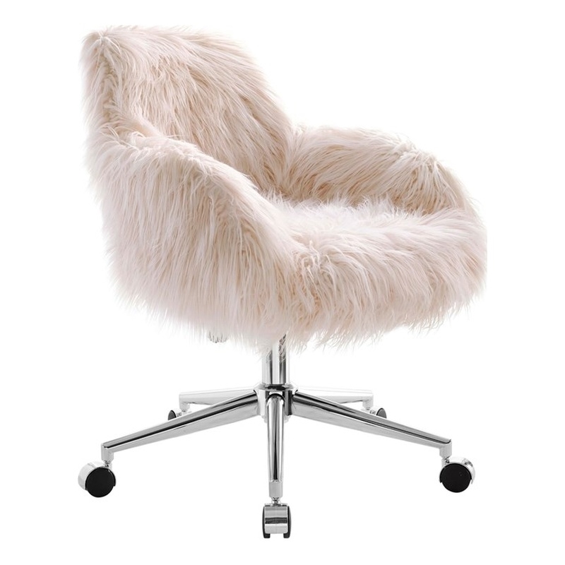 Linon Fiona Faux Fur Swivel Office Chair with Wheels in Pink