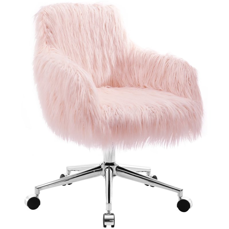 Linon Fiona Faux Fur Swivel Office Chair In Pink