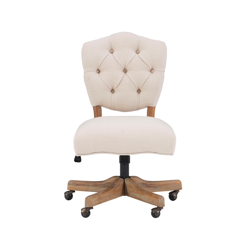 Linon Kelsey Graywash Wood Base Upholstered Tufted Swivel Office Chair in Beige
