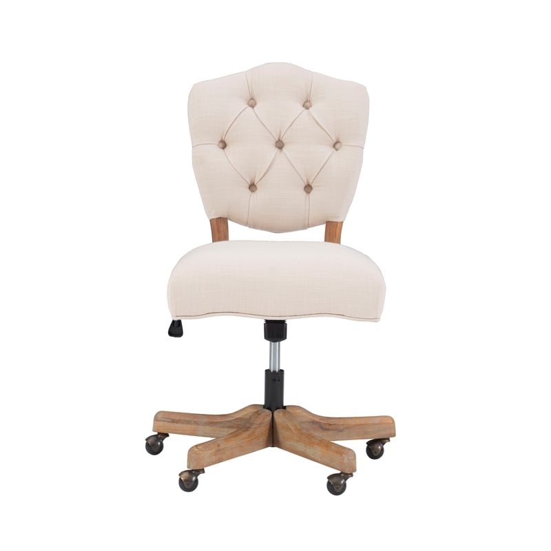Linon Kelsey Graywash Wood Base Upholstered Tufted Swivel Office Chair in Beige