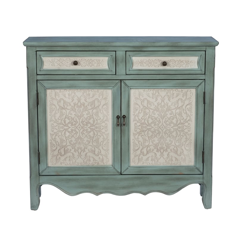 Linon Clancy Slim Storage Cabinet White Decorative Panels in Antique Blue Wood