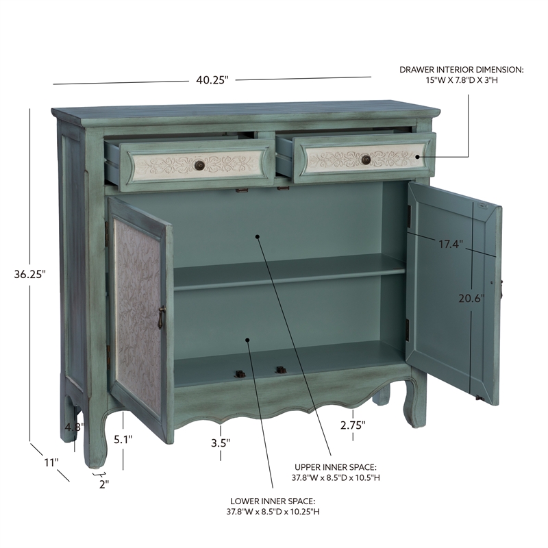 Linon Clancy Slim Storage Cabinet White Decorative Panels in Antique Blue Wood