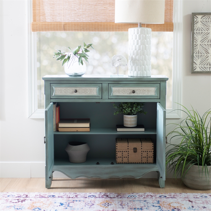 Linon Clancy Slim Storage Cabinet White Decorative Panels in Antique Blue Wood