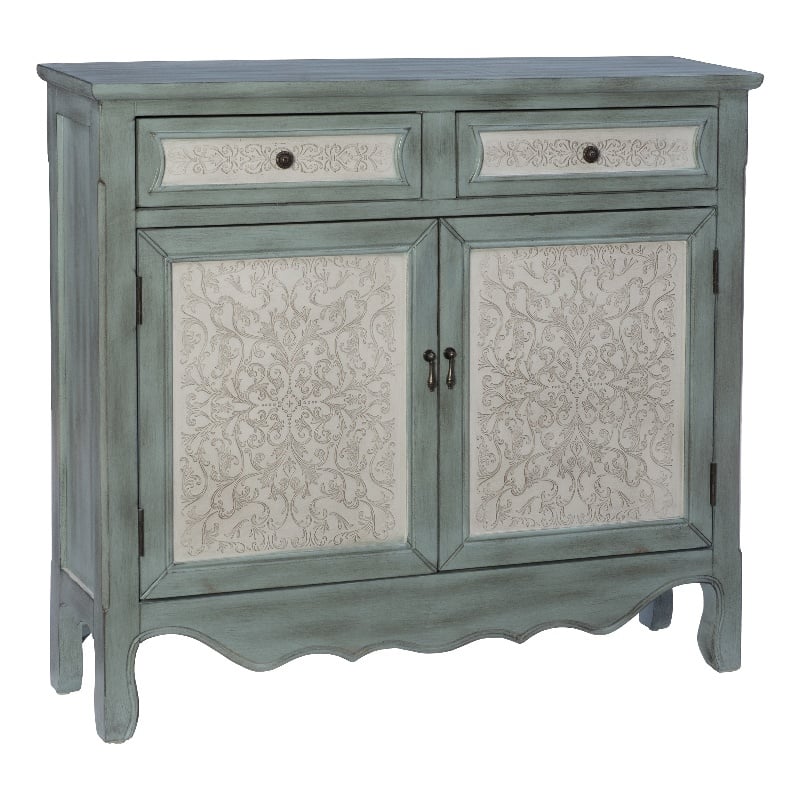 Linon Clancy Slim Storage Cabinet White Decorative Panels in Antique Blue Wood