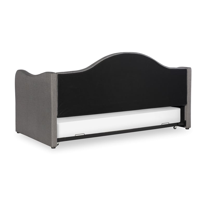 Linon Siena Upholstered Day Bed with Trundle in Gray Fabric and Black Legs