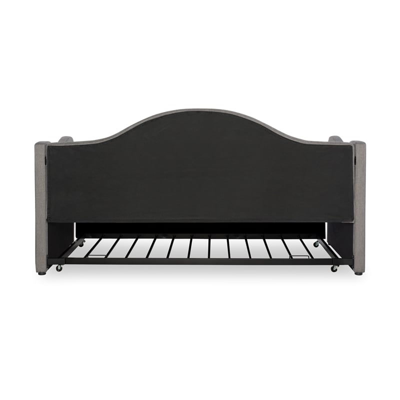 Linon Siena Upholstered Day Bed with Trundle in Gray Fabric and Black Legs