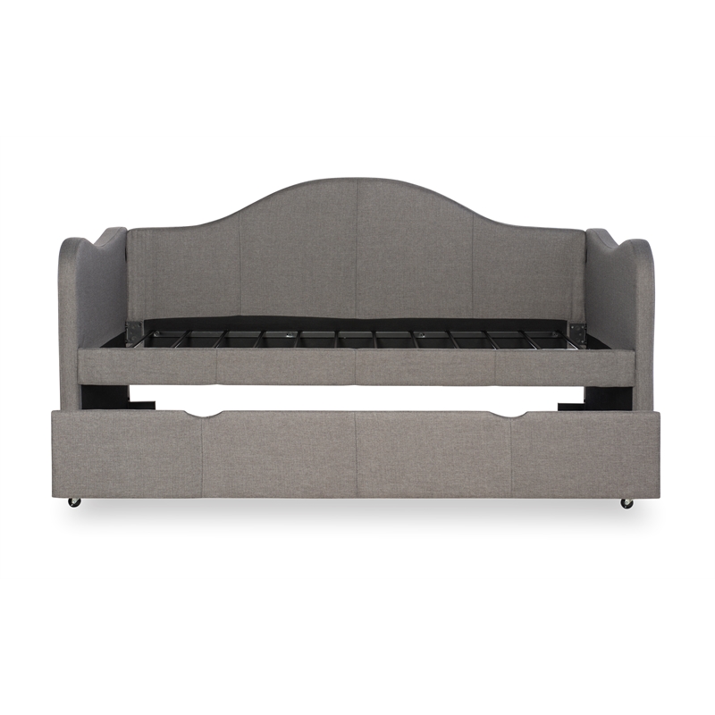 Linon Siena Upholstered Day Bed with Trundle in Gray Fabric and Black Legs