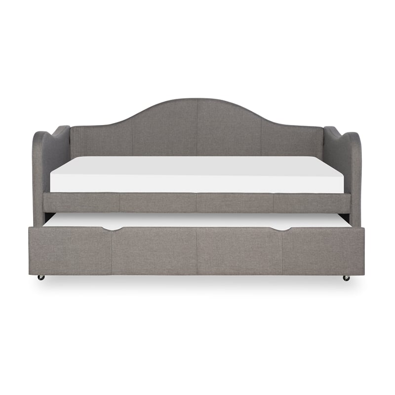 Linon Siena Upholstered Day Bed with Trundle in Gray Fabric and Black Legs