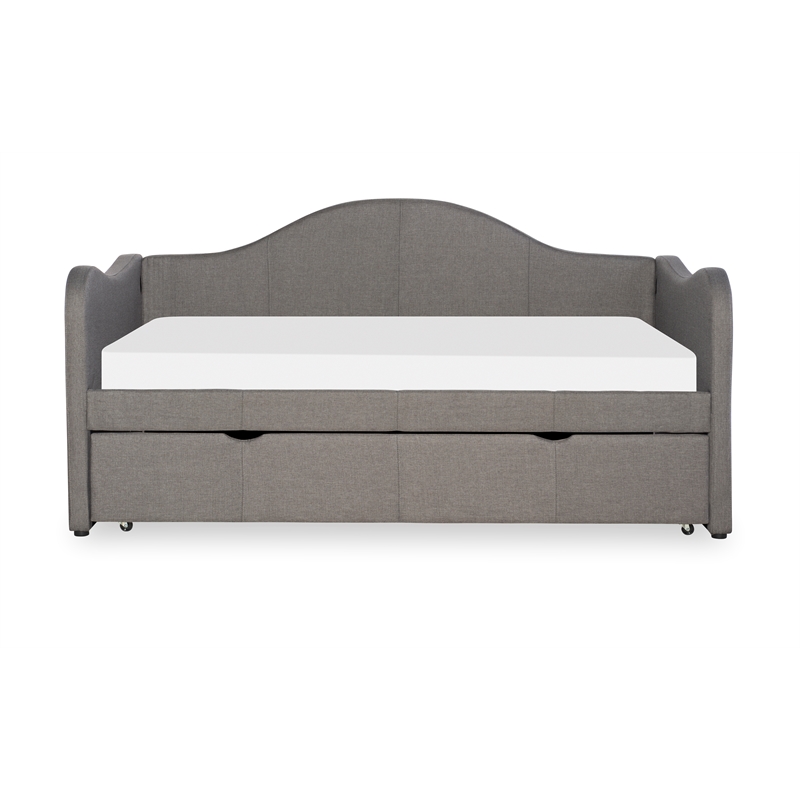 Linon Siena Upholstered Day Bed with Trundle in Gray Fabric and Black Legs