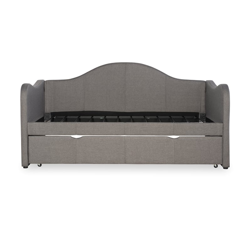 Linon Siena Upholstered Day Bed with Trundle in Gray Fabric and Black Legs