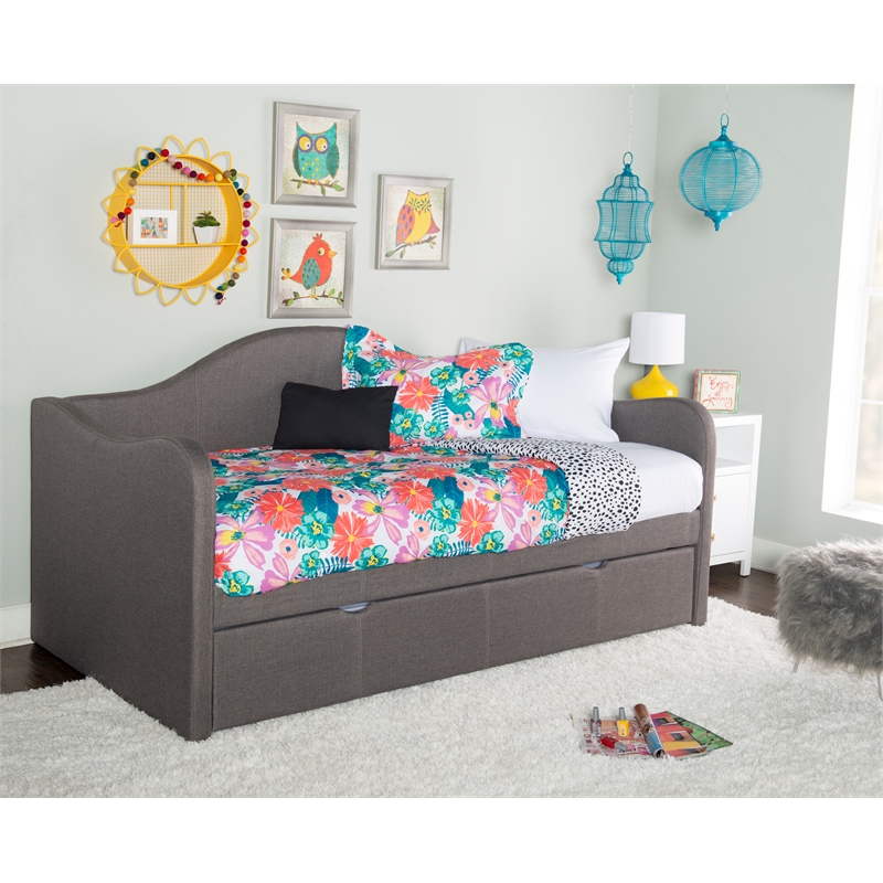 Linon Siena Upholstered Day Bed with Trundle in Gray Fabric and Black Legs