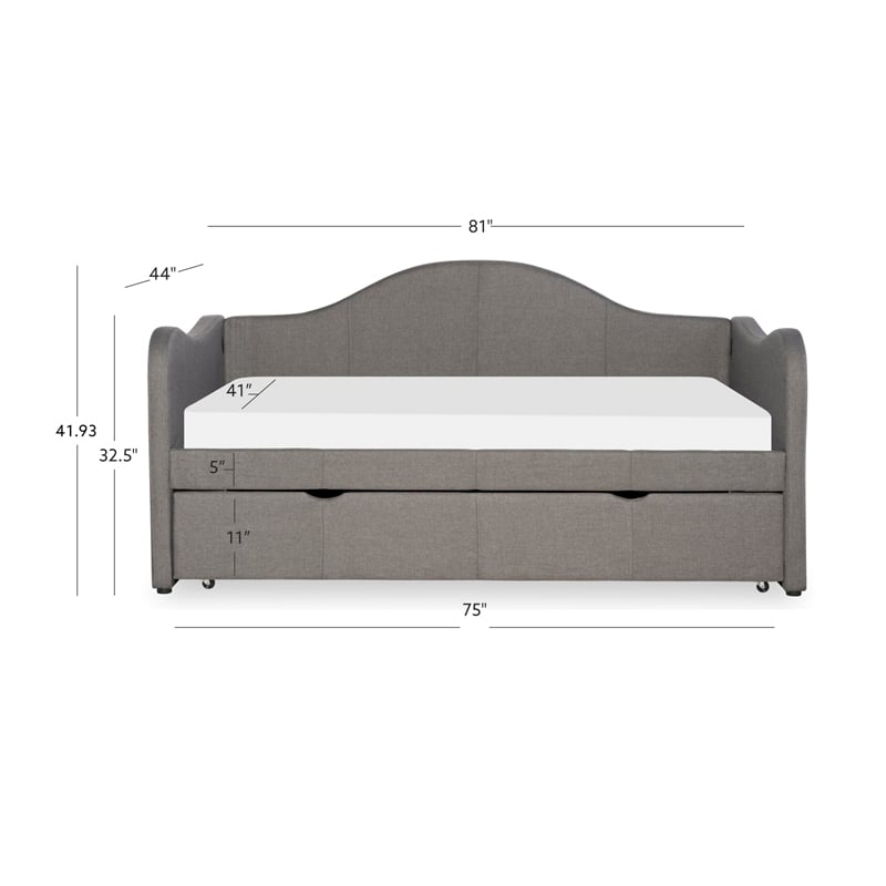 Linon Siena Upholstered Day Bed with Trundle in Gray Fabric and Black Legs
