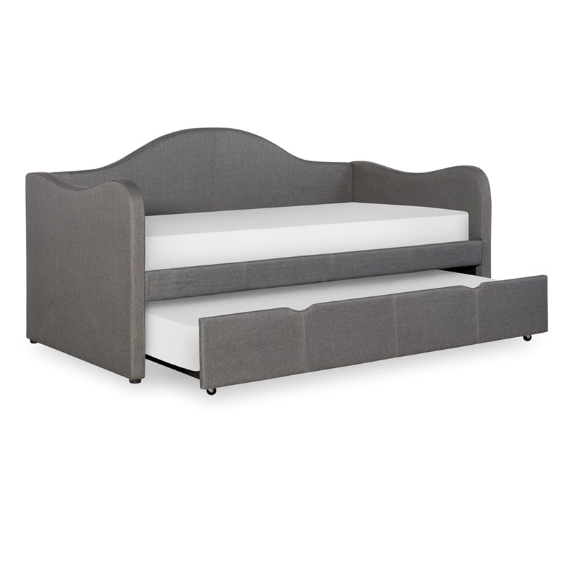 Linon Siena Upholstered Day Bed with Trundle in Gray Fabric and Black Legs