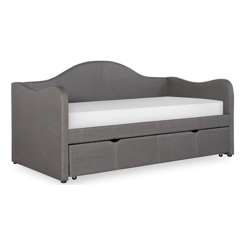 Linon Siena Upholstered Day Bed with Trundle in Gray Fabric and Black Legs