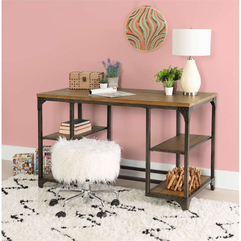 Linon Benjamin Wood Desk Distressed Steel Base 4 Open Shelves in Weathered Brown