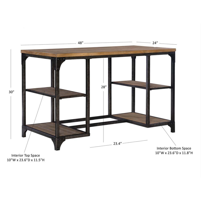 Linon Benjamin Wood Desk Distressed Steel Base 4 Open Shelves in Weathered Brown