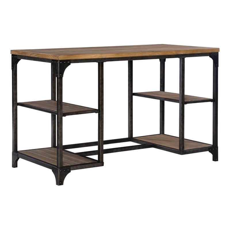 Linon Benjamin Wood Desk Distressed Steel Base 4 Open Shelves in Weathered Brown