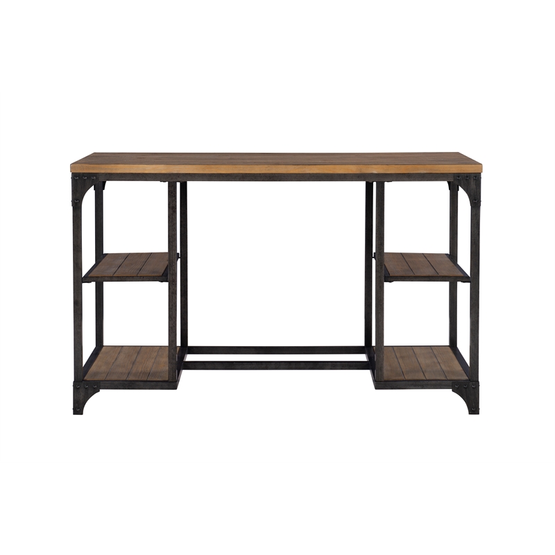 Linon Benjamin Wood Desk Distressed Steel Base 4 Open Shelves in Weathered Brown