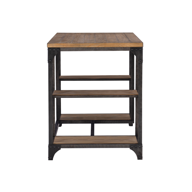 Linon Benjamin Wood Desk Distressed Steel Base 4 Open Shelves in Weathered Brown