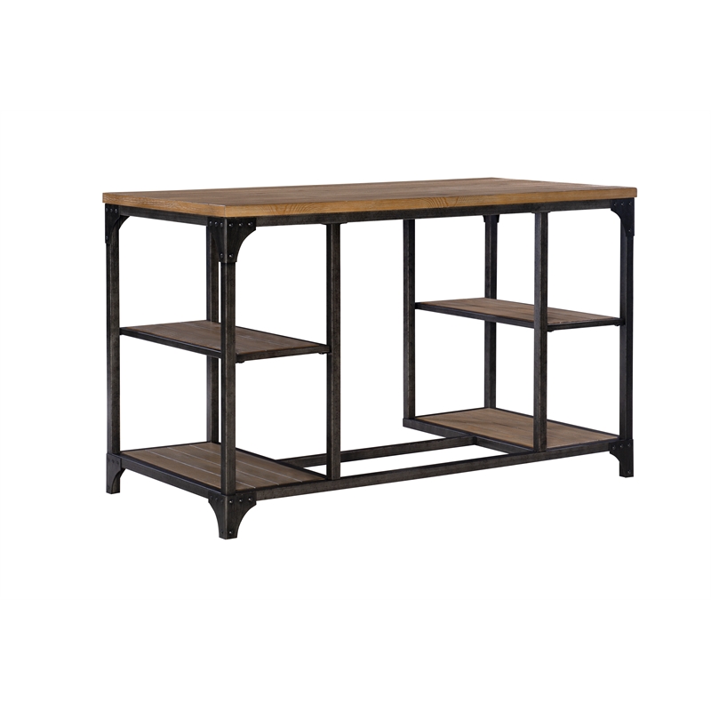Linon Benjamin Wood Desk Distressed Steel Base 4 Open Shelves in Weathered Brown