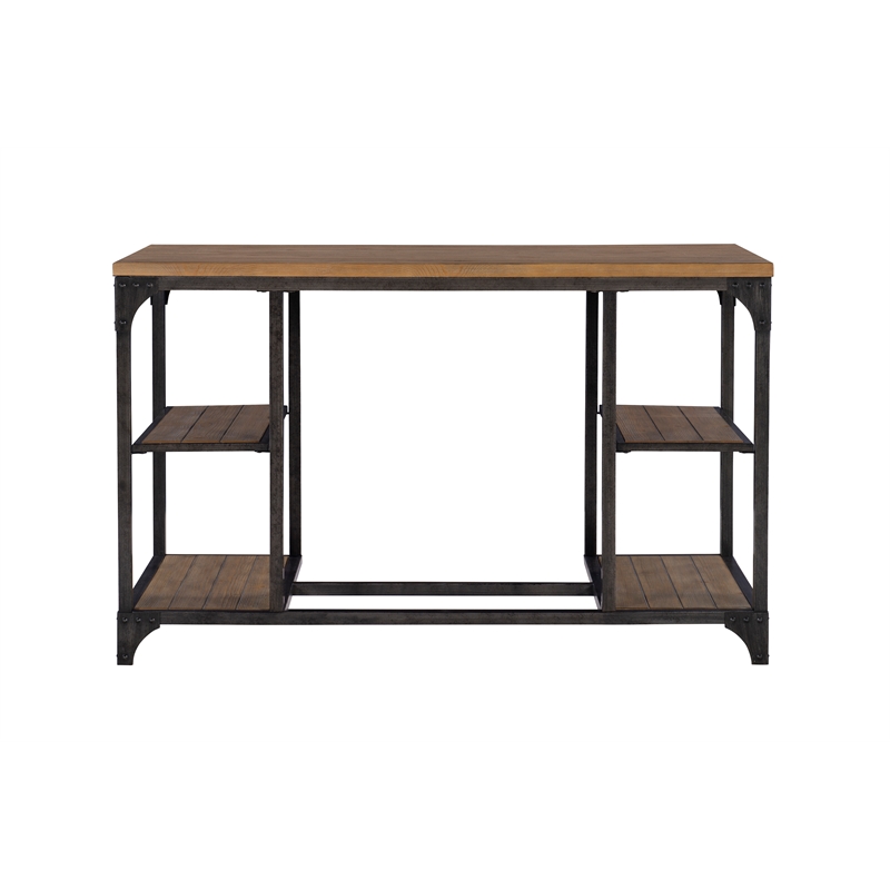 Linon Benjamin Wood Desk Distressed Steel Base 4 Open Shelves in Weathered Brown