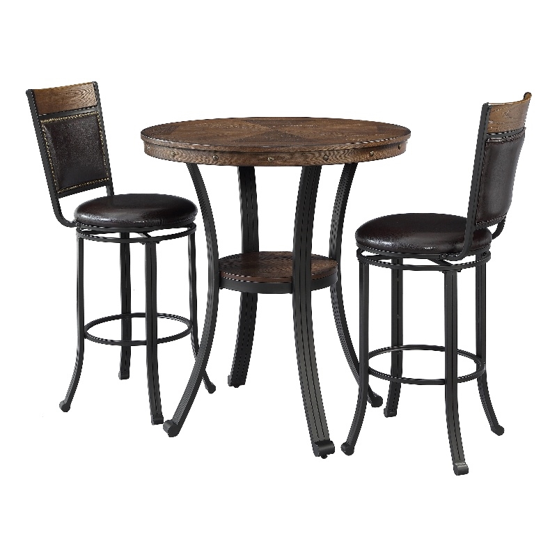 Linon Franklin 3 Pce Pub Table Set Faux Leather Wood Top & Shelf in Umber Brown