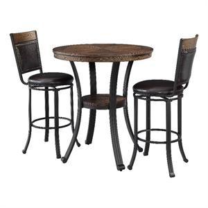 Linon Franklin 3 Pce Pub Table Set Faux Leather Wood Top & Shelf in Umber Brown